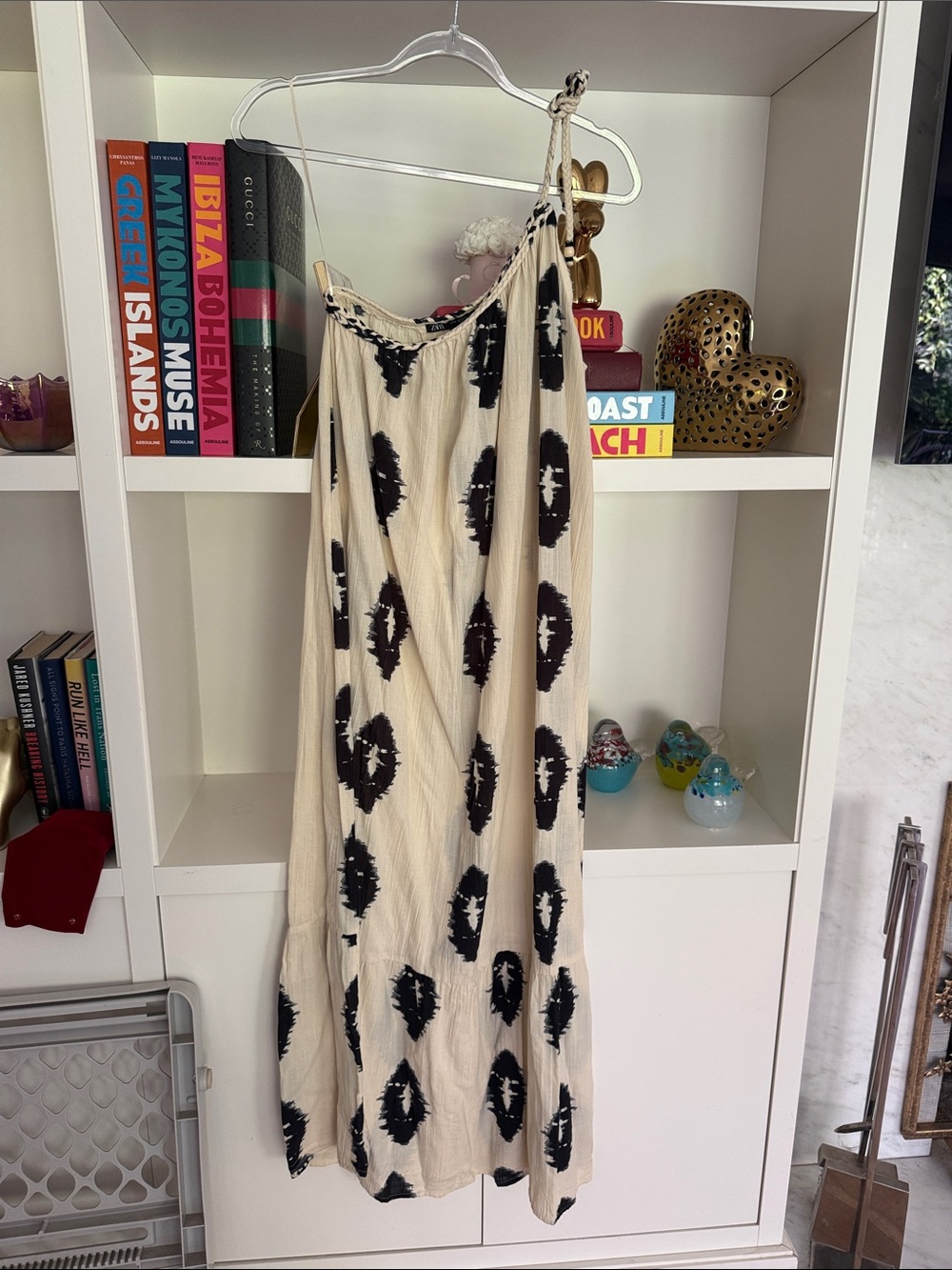 Zara Cream One-Shoulder Dress with Black Print